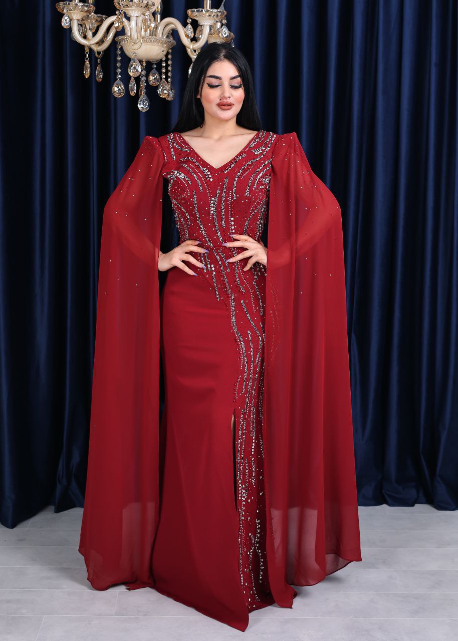 Regal Embellished Cape Sleeve Evening Gown (📹)