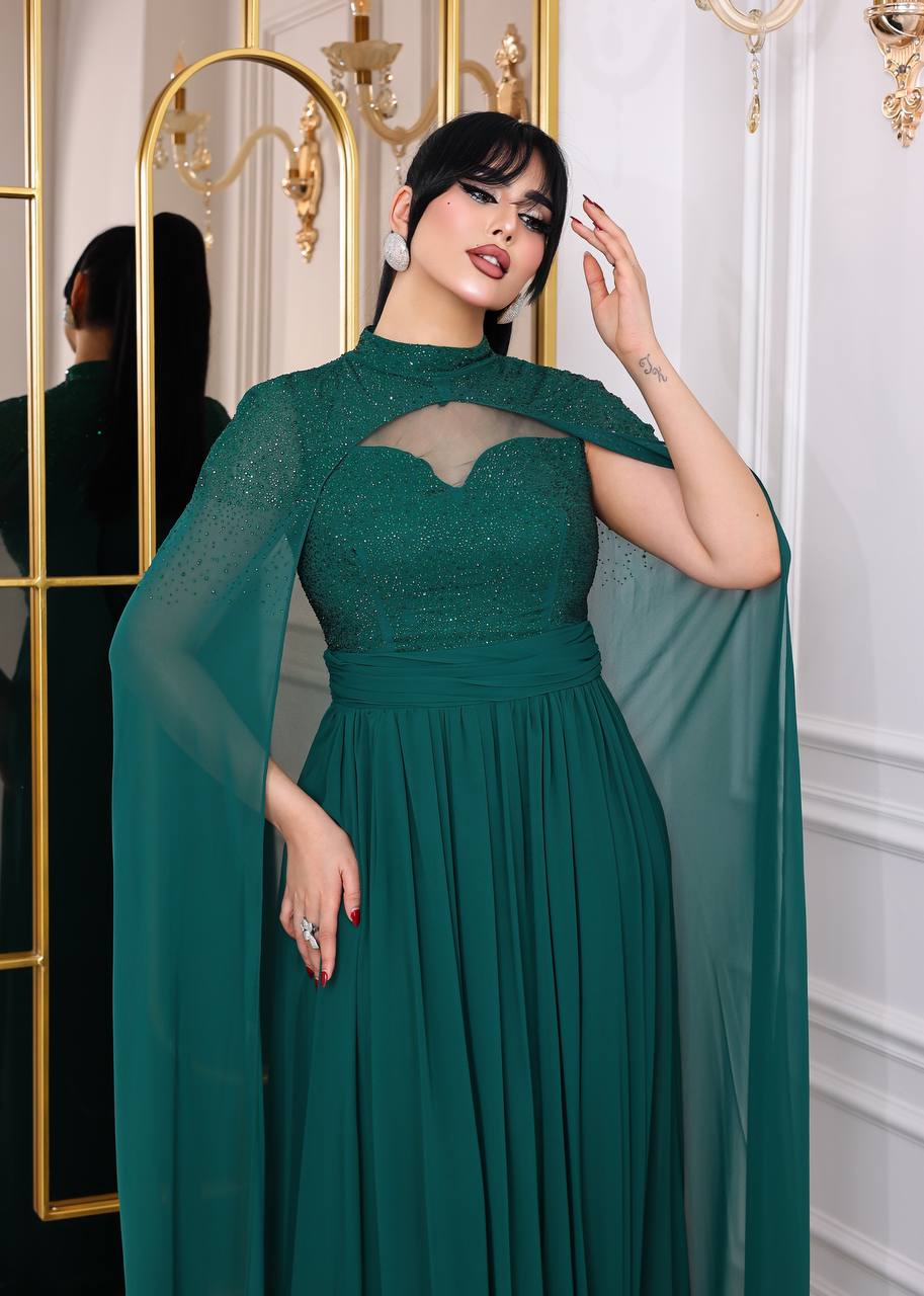 Glamour Embellished Cape Sleeve Evening Gown (📹)