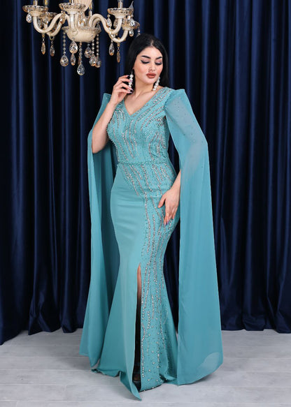 Regal Embellished Cape Sleeve Evening Gown (📹)