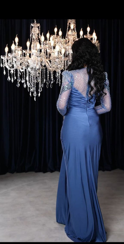 Crystal-Studded Sheer Sleeve Draped Evening Gown (📹)