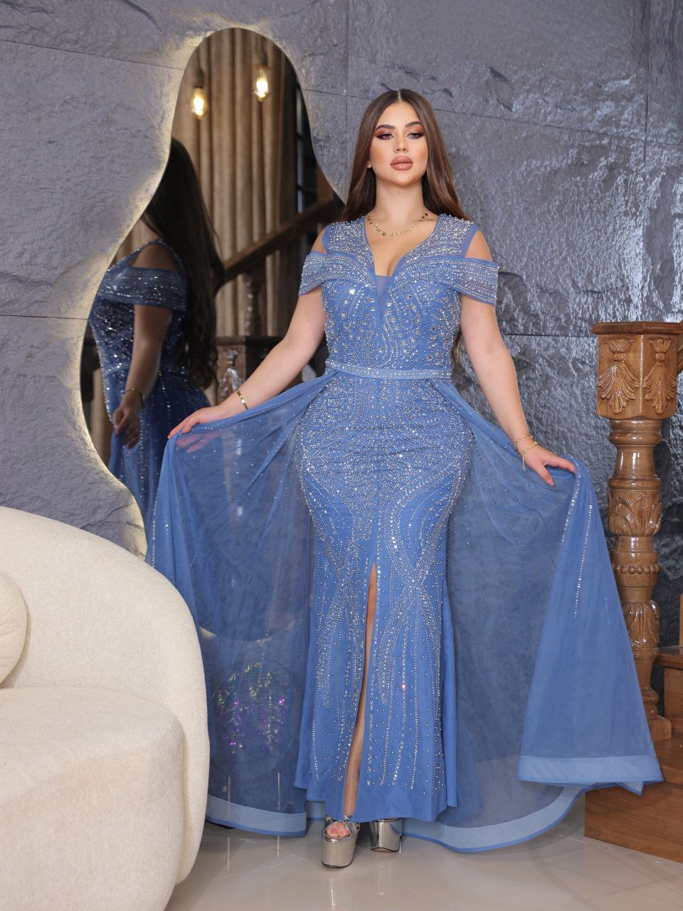 Radiance Embellished Evening Gown with Off-Shoulder Detail (📹)