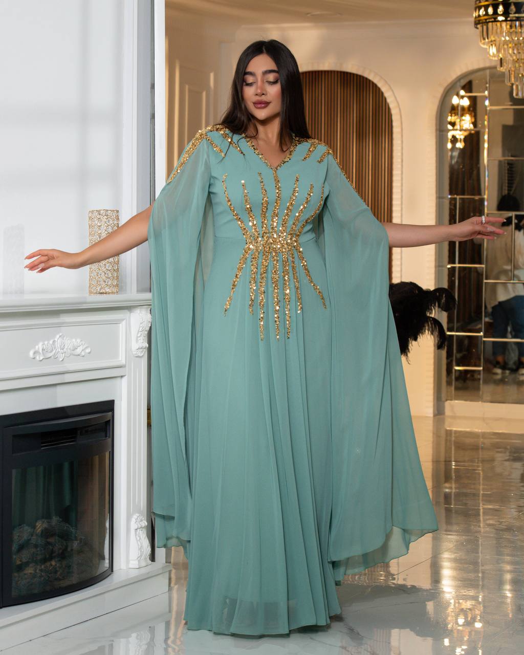 Regal Sequin Embellished Kaftan Gown with Flowing Cape Sleeves (📹)