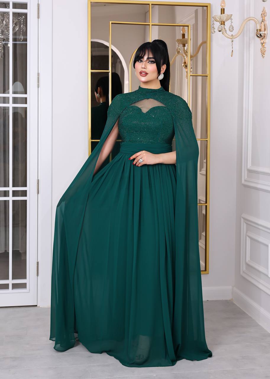 Glamour Embellished Cape Sleeve Evening Gown (📹)