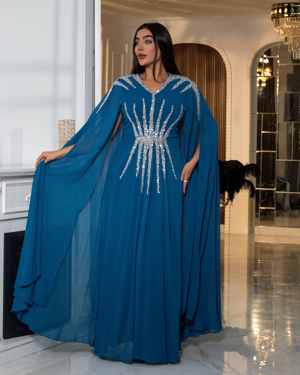 Regal Sequin Embellished Kaftan Gown with Flowing Cape Sleeves (📹)