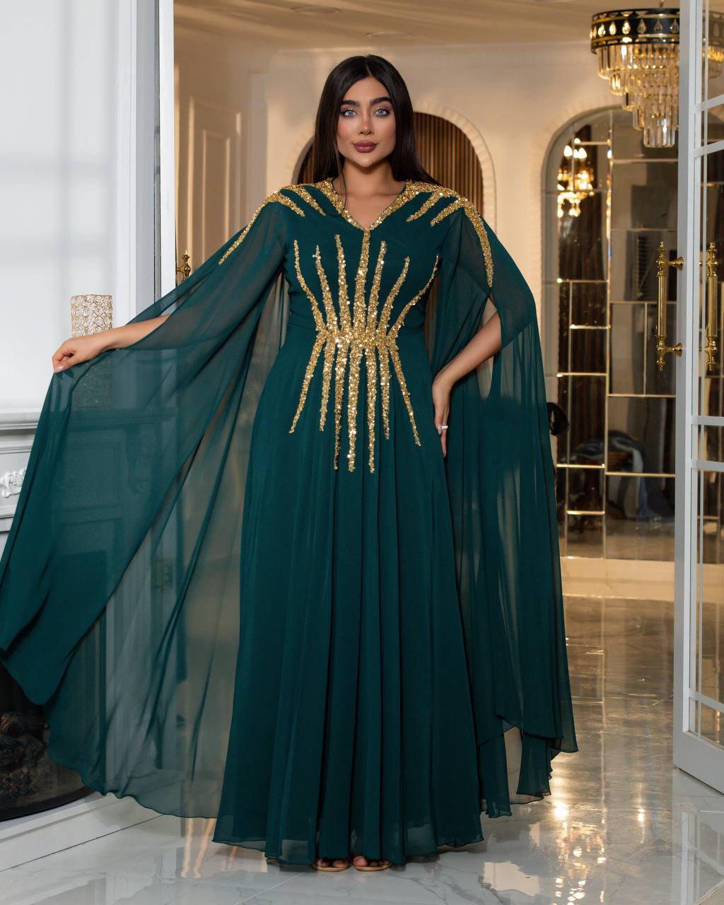 Regal Sequin Embellished Kaftan Gown with Flowing Cape Sleeves (📹)