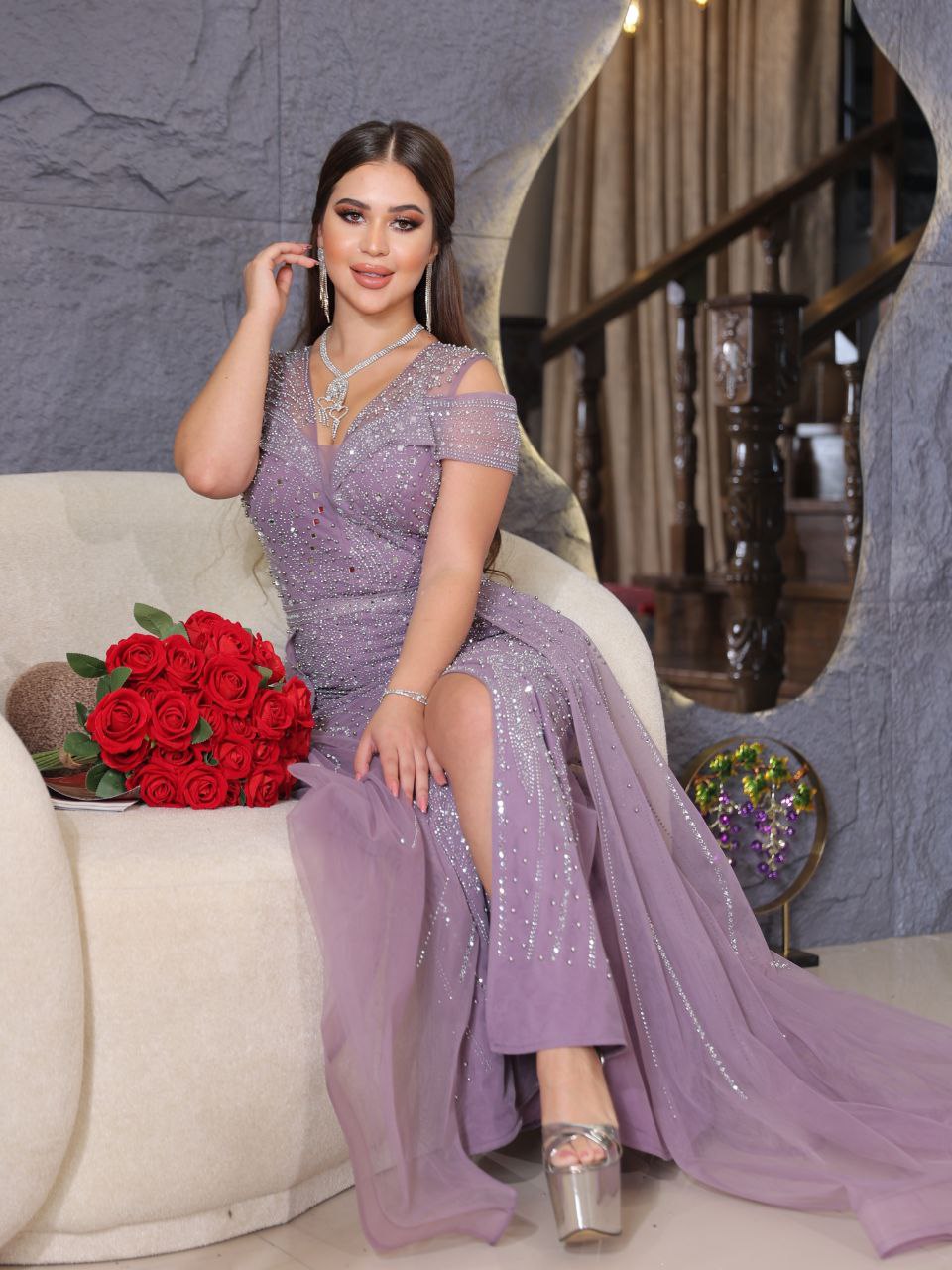 Radiance Embellished Evening Gown with Off-Shoulder Detail (📹)