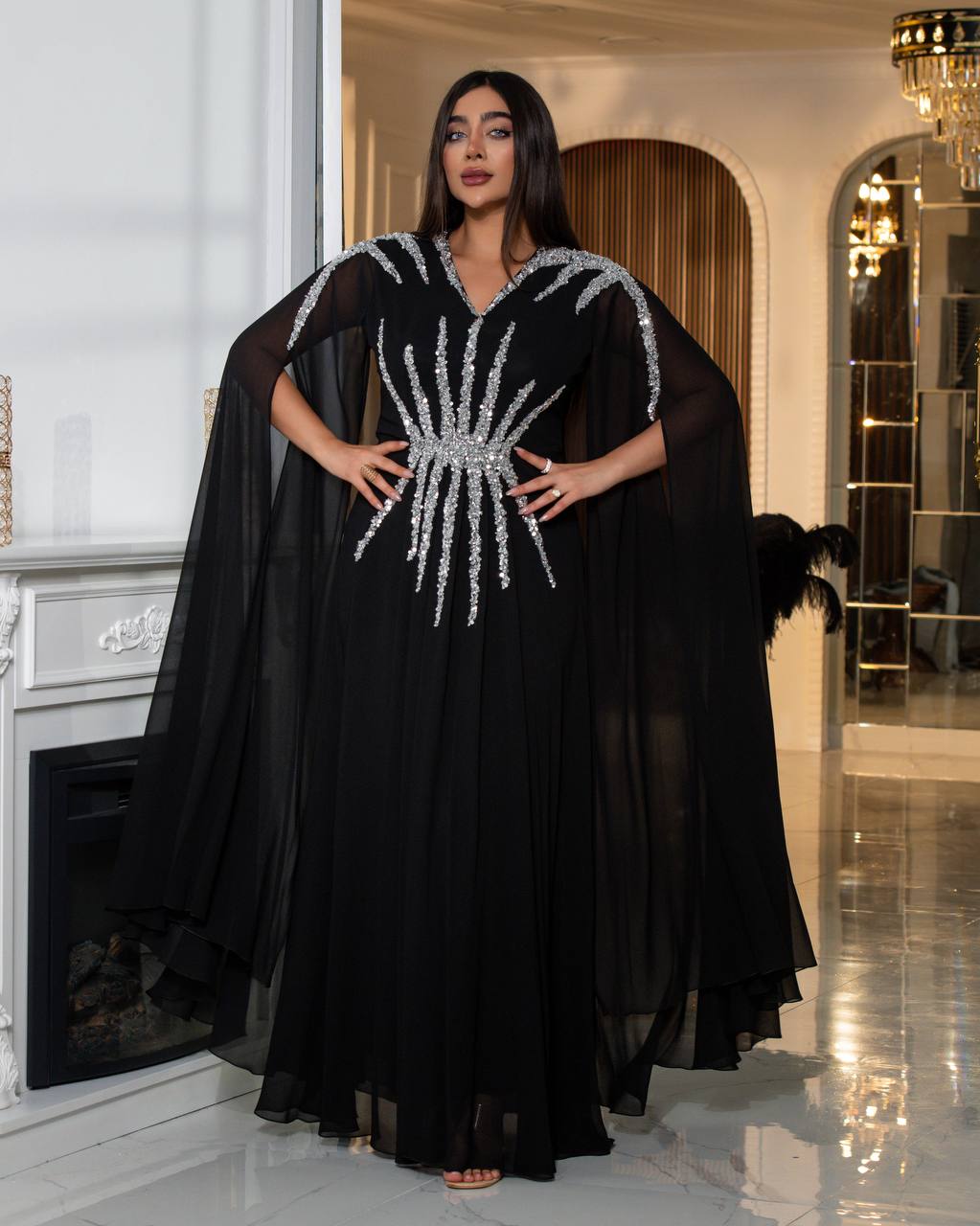 Regal Sequin Embellished Kaftan Gown with Flowing Cape Sleeves (📹)