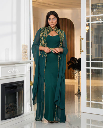 Regal Embroidered Cape Evening Gown(📹)