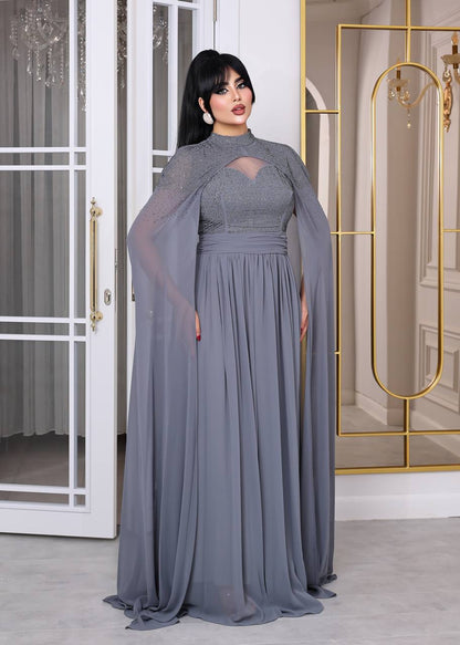 Glamour Embellished Cape Sleeve Evening Gown (📹)