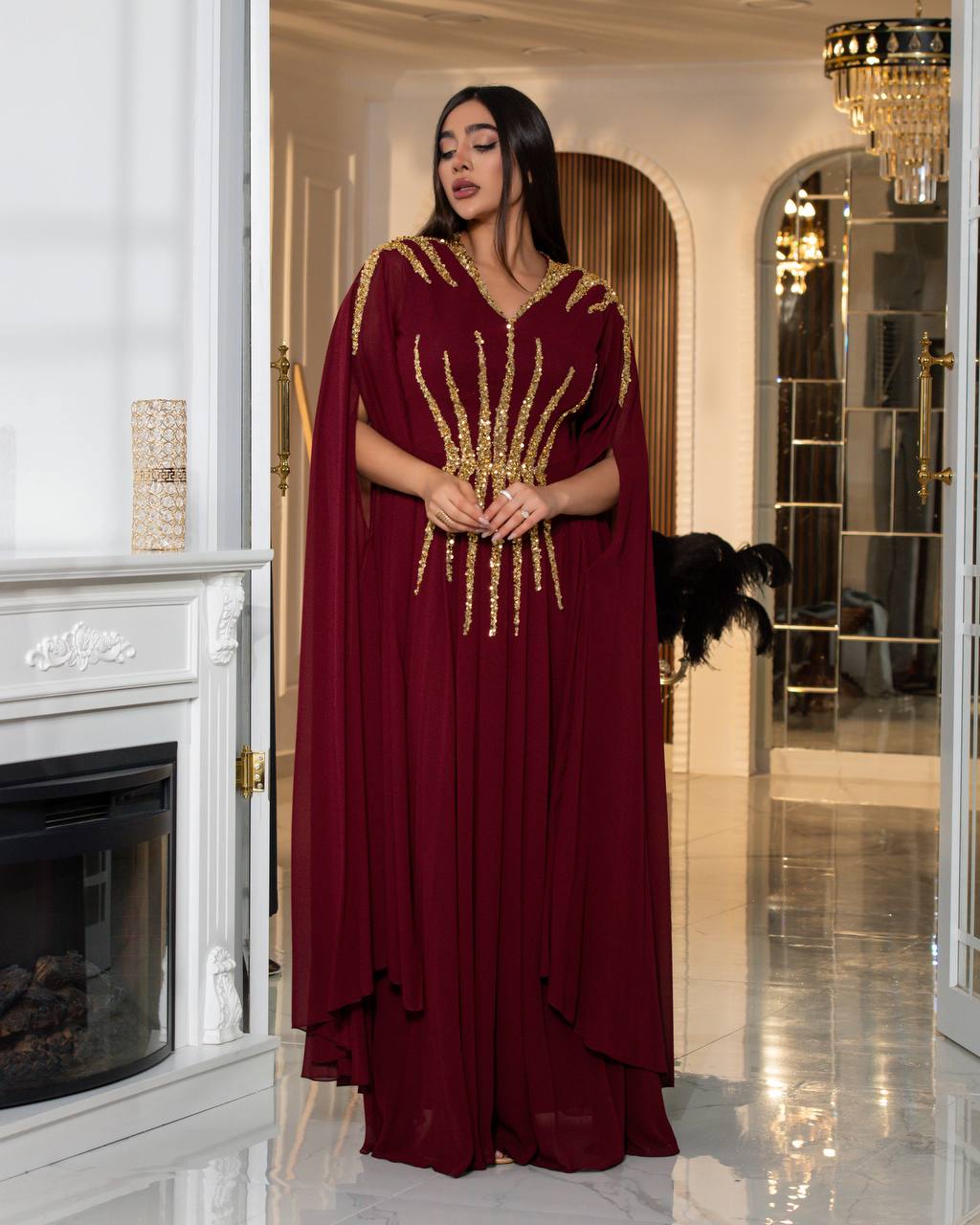 Regal Sequin Embellished Kaftan Gown with Flowing Cape Sleeves (📹)