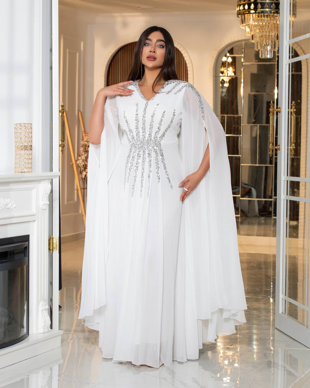 Regal Sequin Embellished Kaftan Gown with Flowing Cape Sleeves (📹)