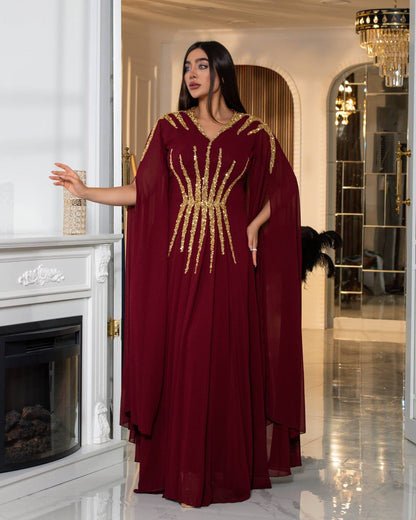 Regal Sequin Embellished Kaftan Gown with Flowing Cape Sleeves (📹)