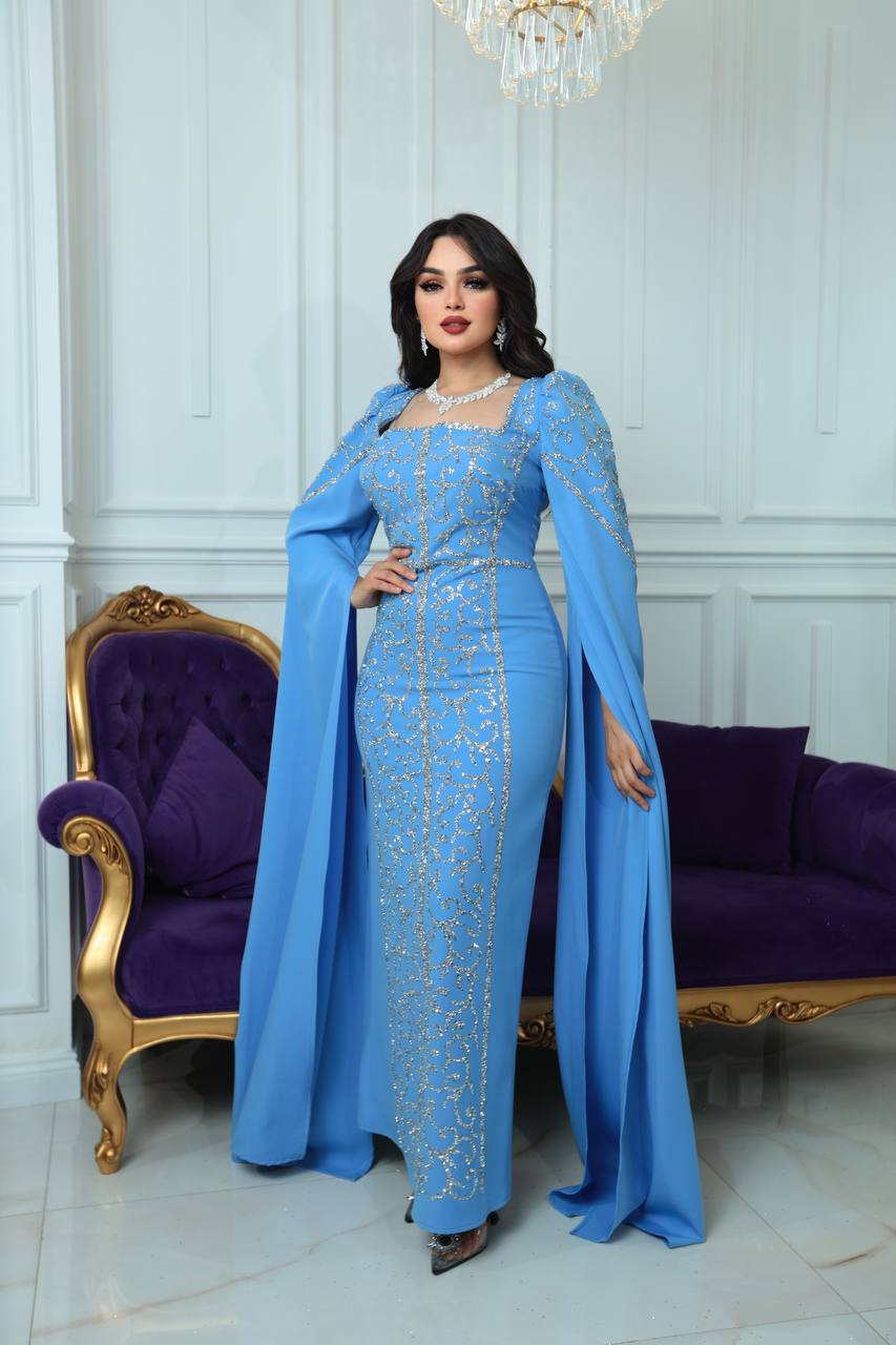 Elegant Evening Gown with Cape Sleeves(📹)