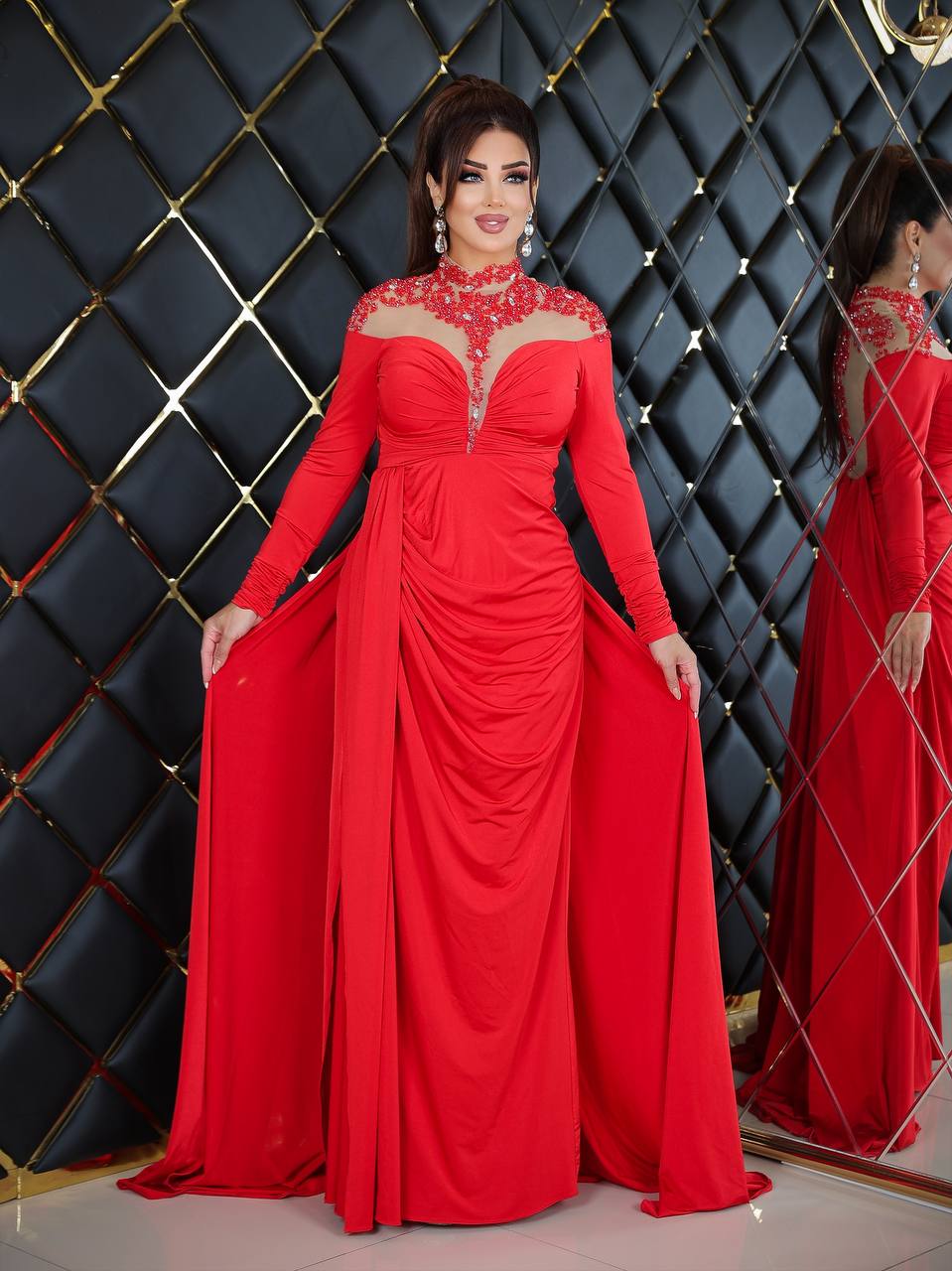 Scarlet Elegance Embellished Evening Gown (📹)