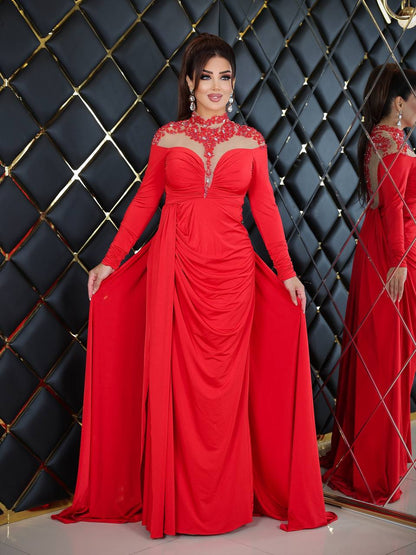 Scarlet Elegance Embellished Evening Gown (📹)