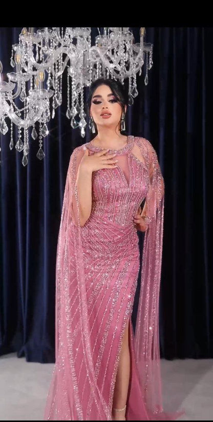 Product Name: Crystal Embellished Cape Evening Gown (📹)