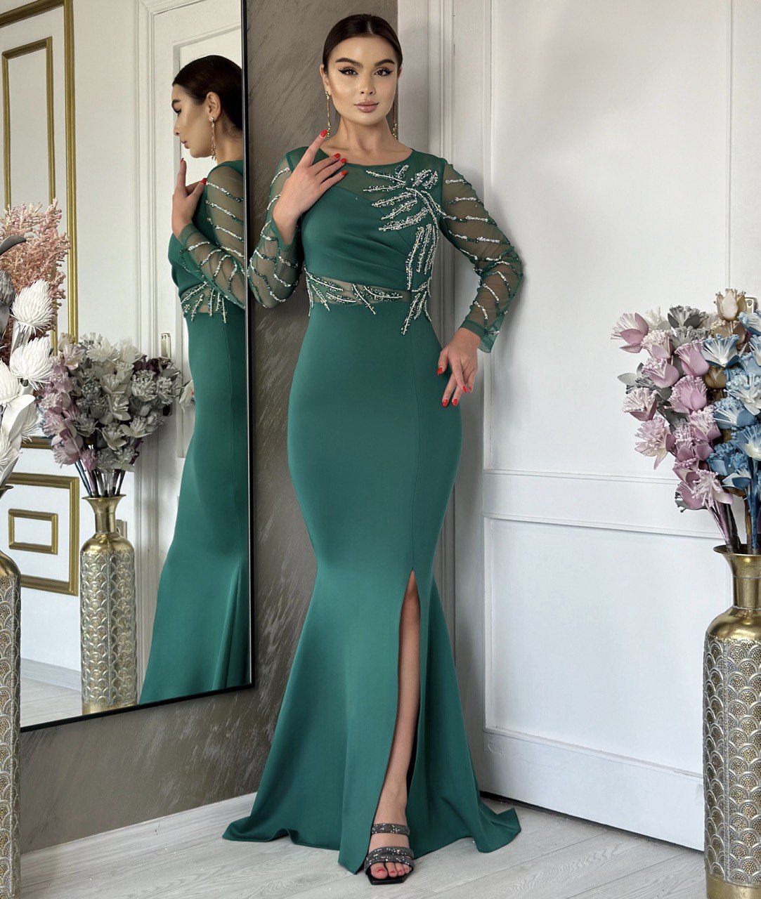 Embellished Illusion Long-Sleeve Mermaid Gown