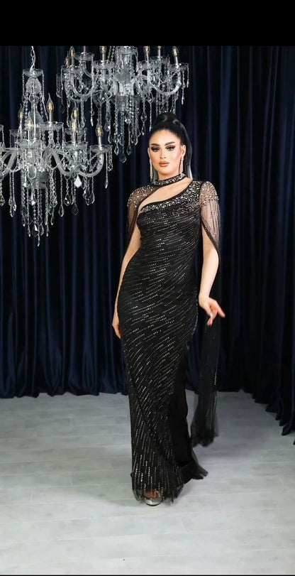 Celestial Glamour Beaded Evening Gown with Elegant Sheer Cape (📹)