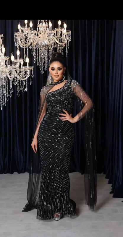 Celestial Glamour Beaded Evening Gown with Elegant Sheer Cape (📹)