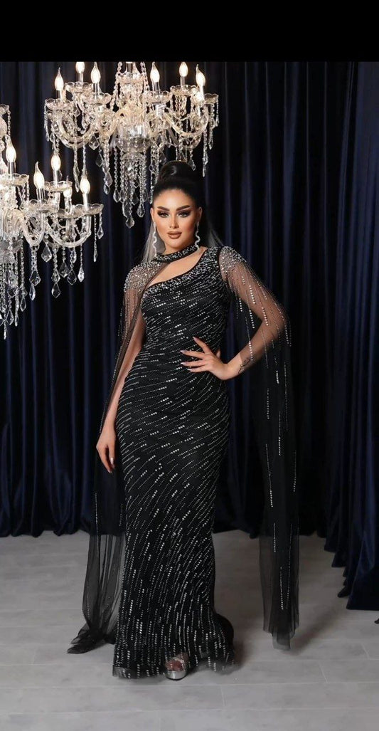 Celestial Glamour Beaded Evening Gown with Elegant Sheer Cape (📹)