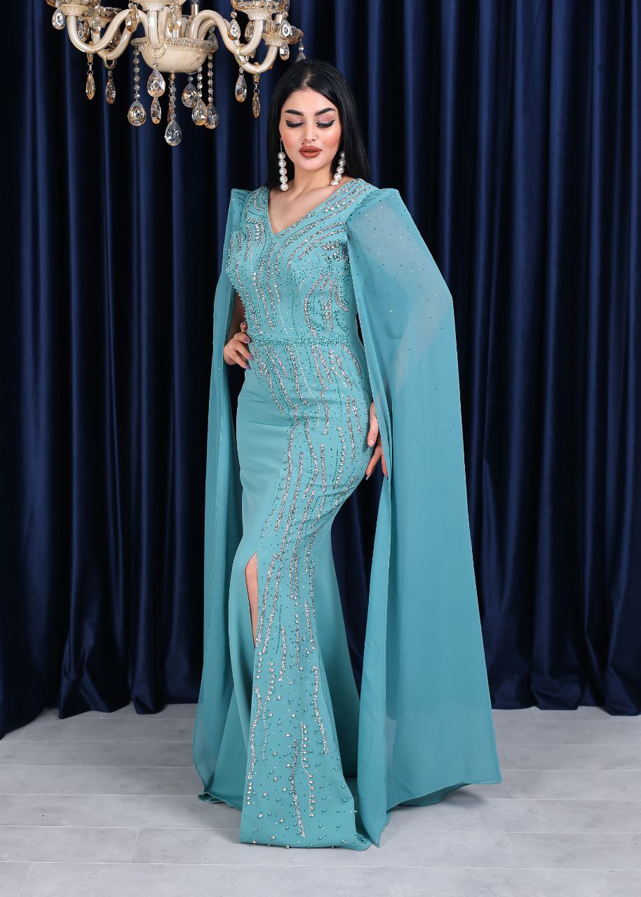 Regal Embellished Cape Sleeve Evening Gown (📹)