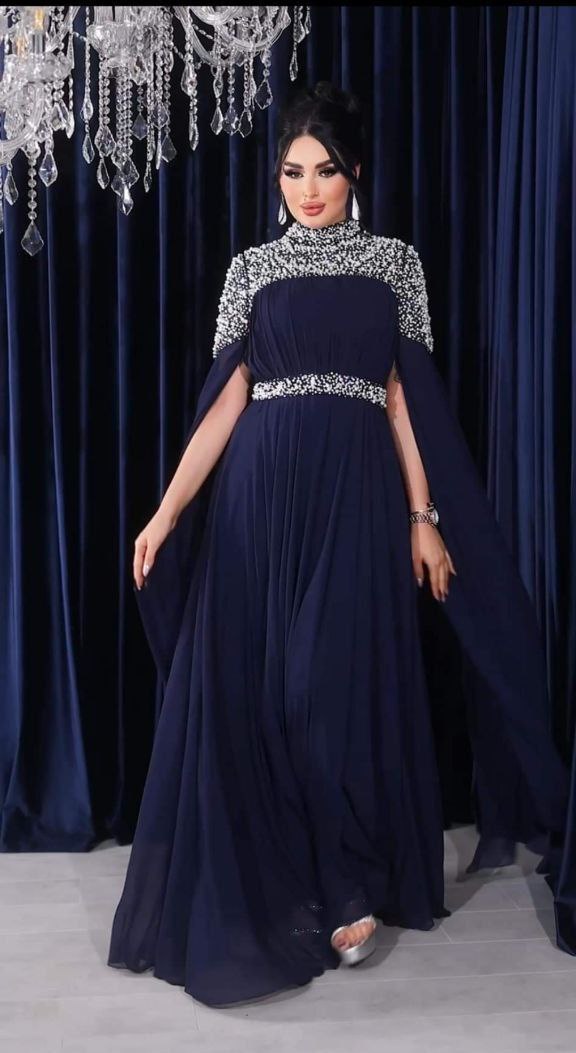 Royal Embellished High-Neck Cape Evening Gown