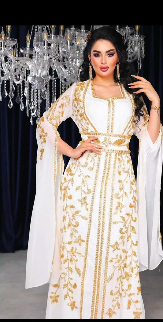 Royal Embroidered Evening Gown with Cape Sleeves (📹)