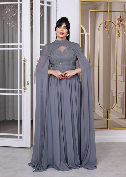 Glamour Embellished Cape Sleeve Evening Gown (📹)