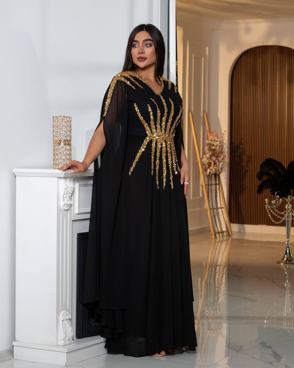 Regal Sequin Embellished Kaftan Gown with Flowing Cape Sleeves (📹)