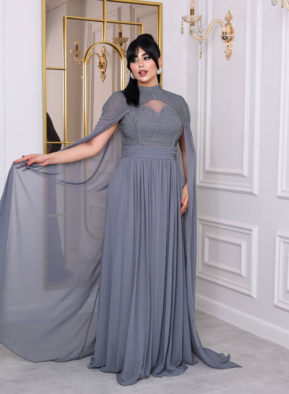 Glamour Embellished Cape Sleeve Evening Gown (📹)