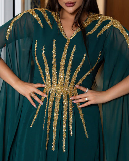 Regal Sequin Embellished Kaftan Gown with Flowing Cape Sleeves (📹)