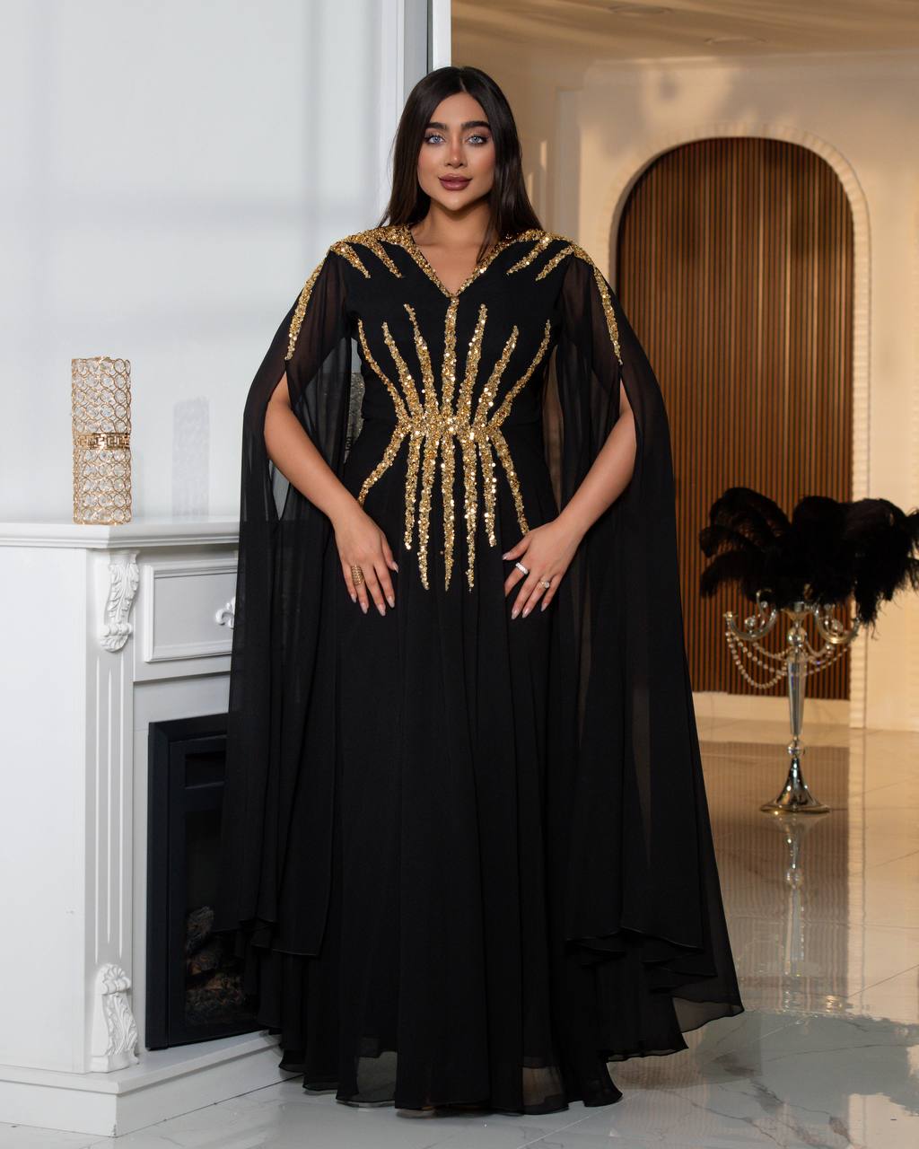 Regal Sequin Embellished Kaftan Gown with Flowing Cape Sleeves (📹)