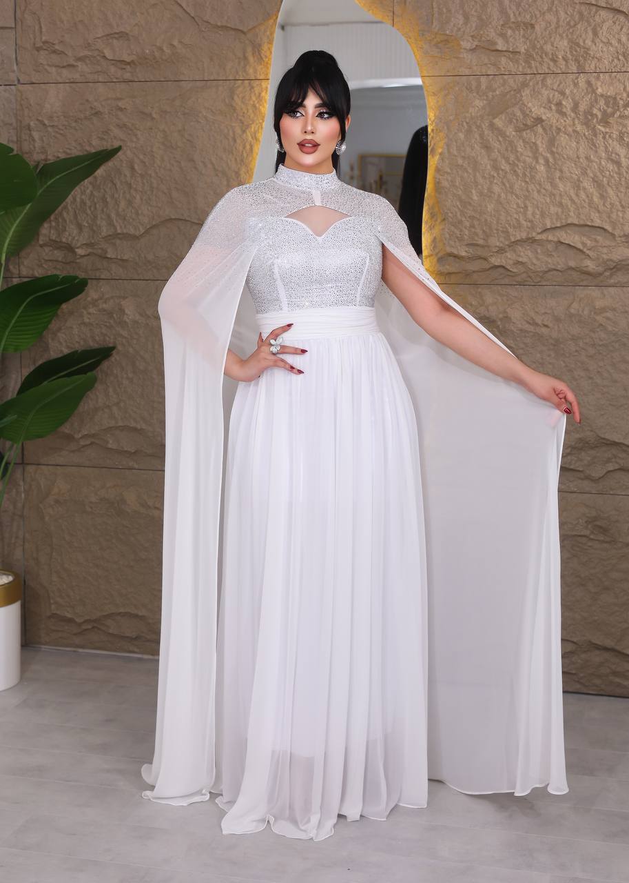 Glamour Embellished Cape Sleeve Evening Gown (📹)