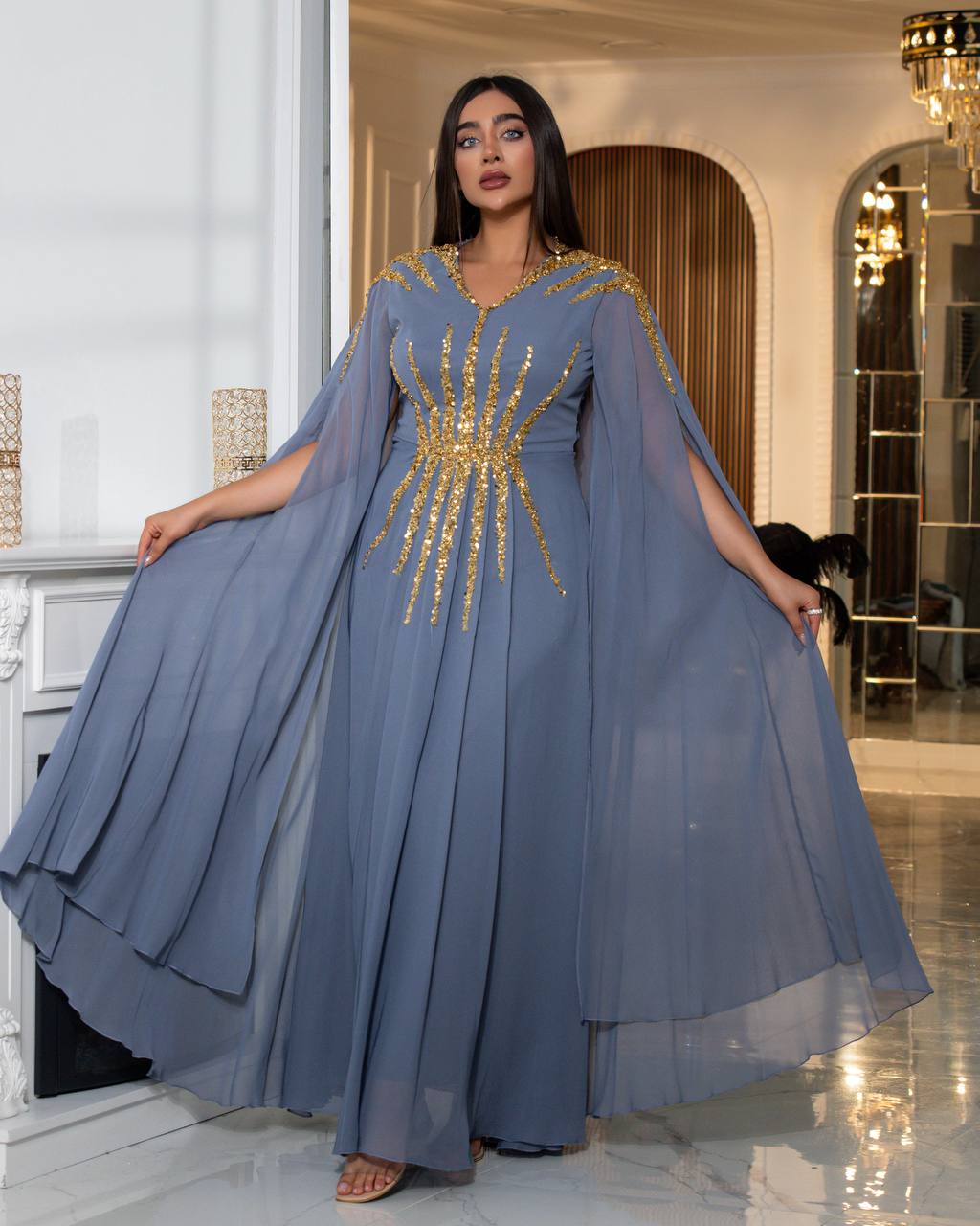 Regal Sequin Embellished Kaftan Gown with Flowing Cape Sleeves (📹)