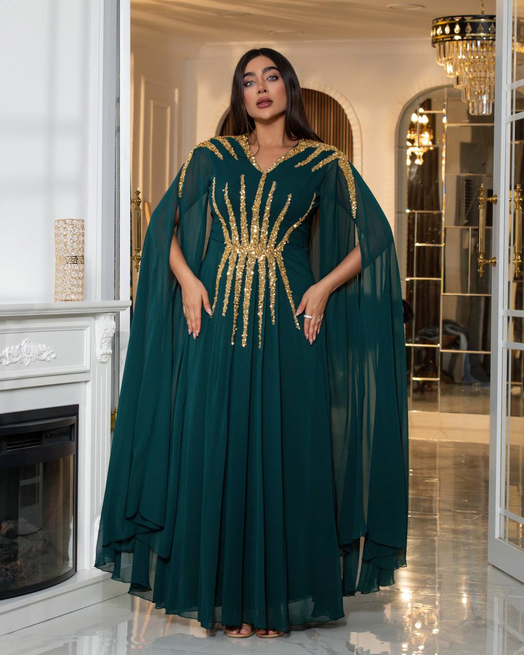 Regal Sequin Embellished Kaftan Gown with Flowing Cape Sleeves (📹)