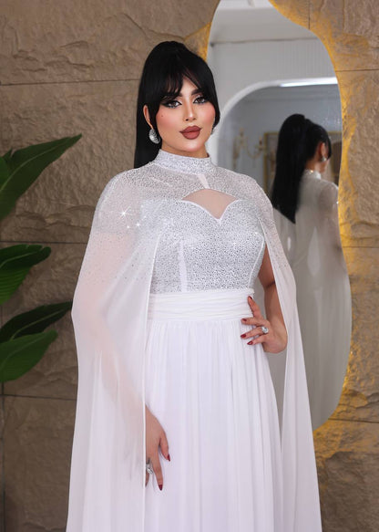 Glamour Embellished Cape Sleeve Evening Gown (📹)