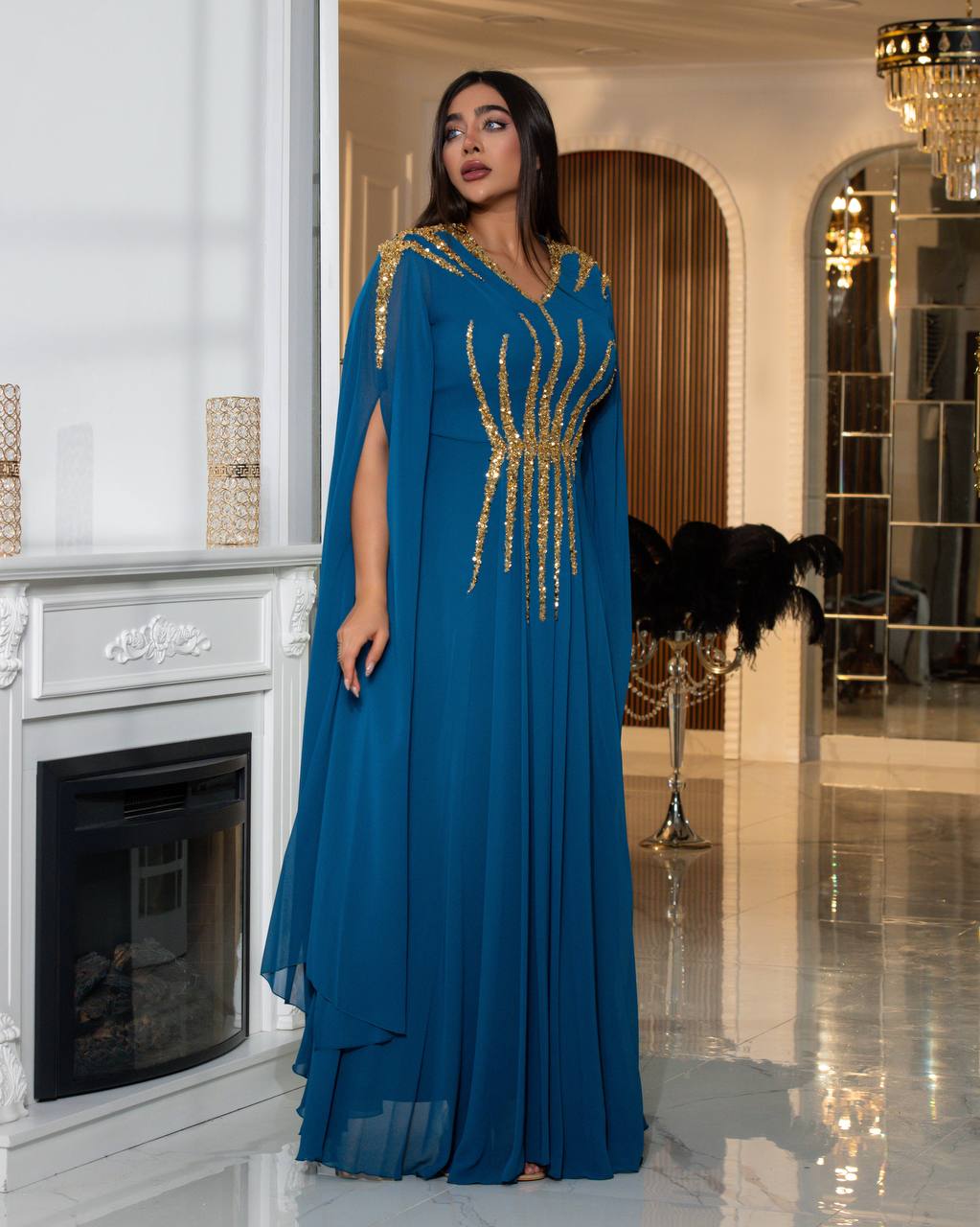 Regal Sequin Embellished Kaftan Gown with Flowing Cape Sleeves (📹)