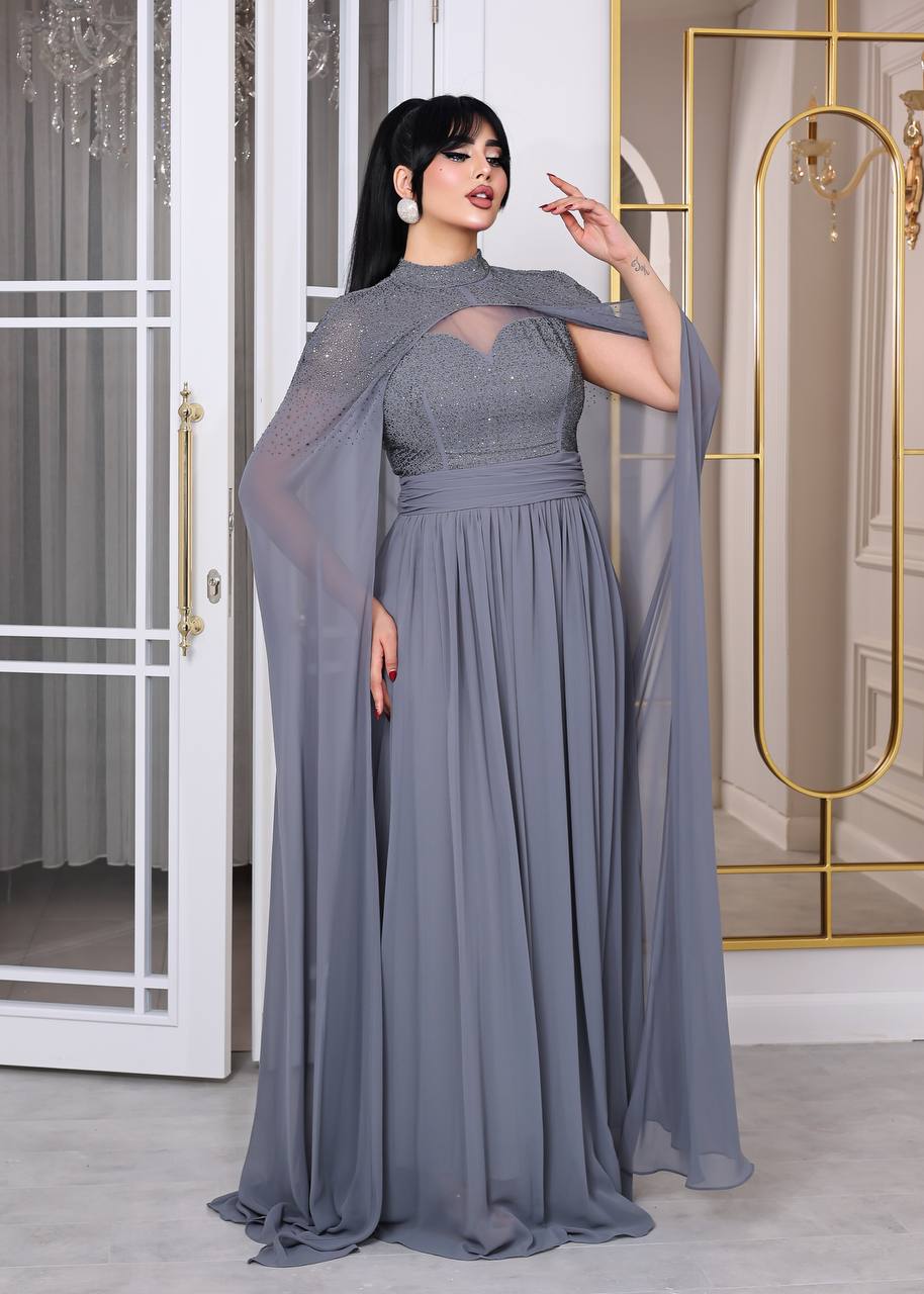 Glamour Embellished Cape Sleeve Evening Gown (📹)