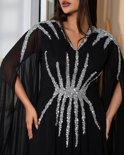 Regal Sequin Embellished Kaftan Gown with Flowing Cape Sleeves (📹)