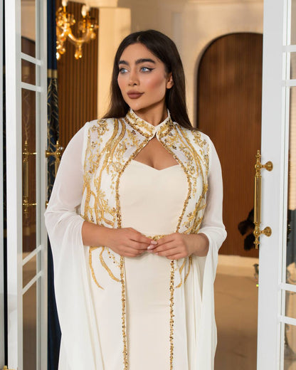 Regal Embroidered Cape Evening Gown(📹)