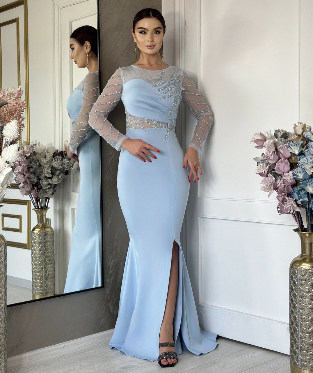 Embellished Illusion Long-Sleeve Mermaid Gown