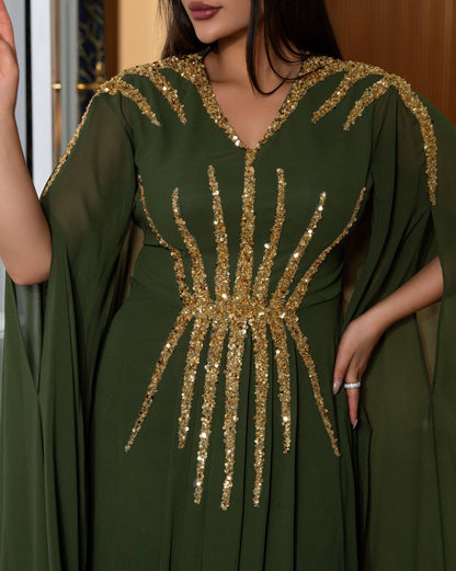 Regal Sequin Embellished Kaftan Gown with Flowing Cape Sleeves (📹)