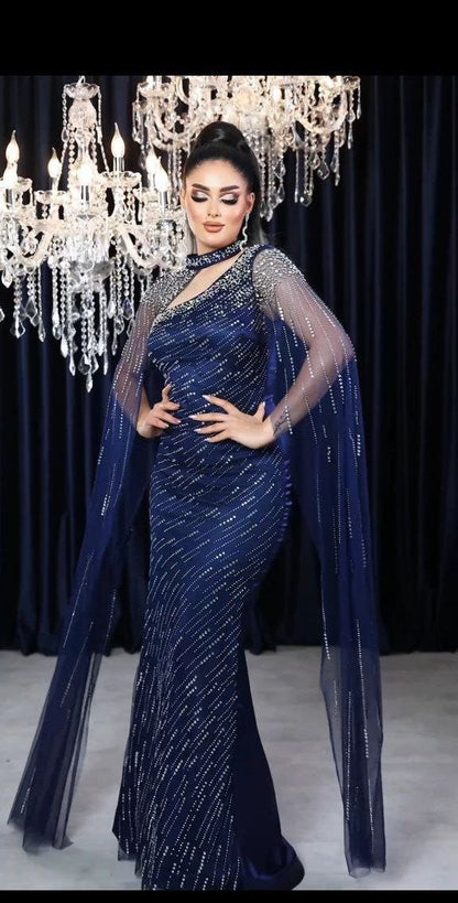 Celestial Glamour Beaded Evening Gown with Elegant Sheer Cape (📹)