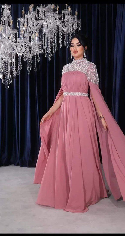 Royal Embellished High-Neck Cape Evening Gown