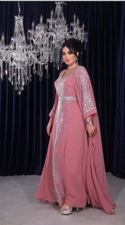 Embellished Cape Gown with Crystal Details