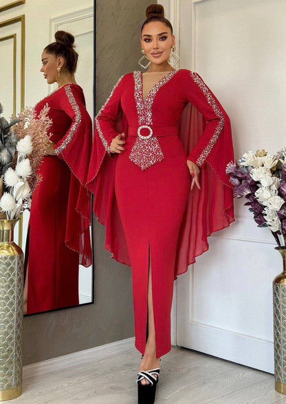 Regal Embellished V-Neck Cape Evening Gown with Beaded Waist Accent (📹)