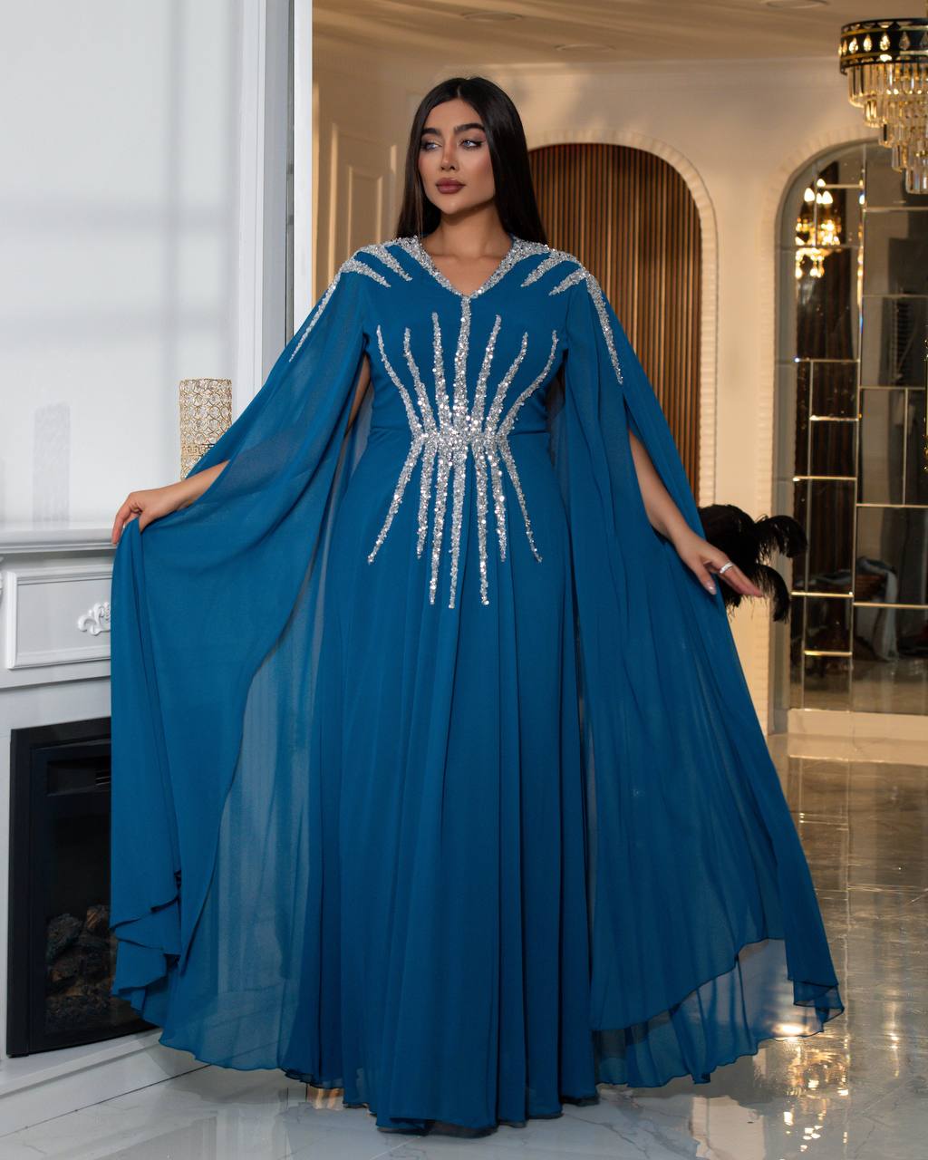 Regal Sequin Embellished Kaftan Gown with Flowing Cape Sleeves (📹)