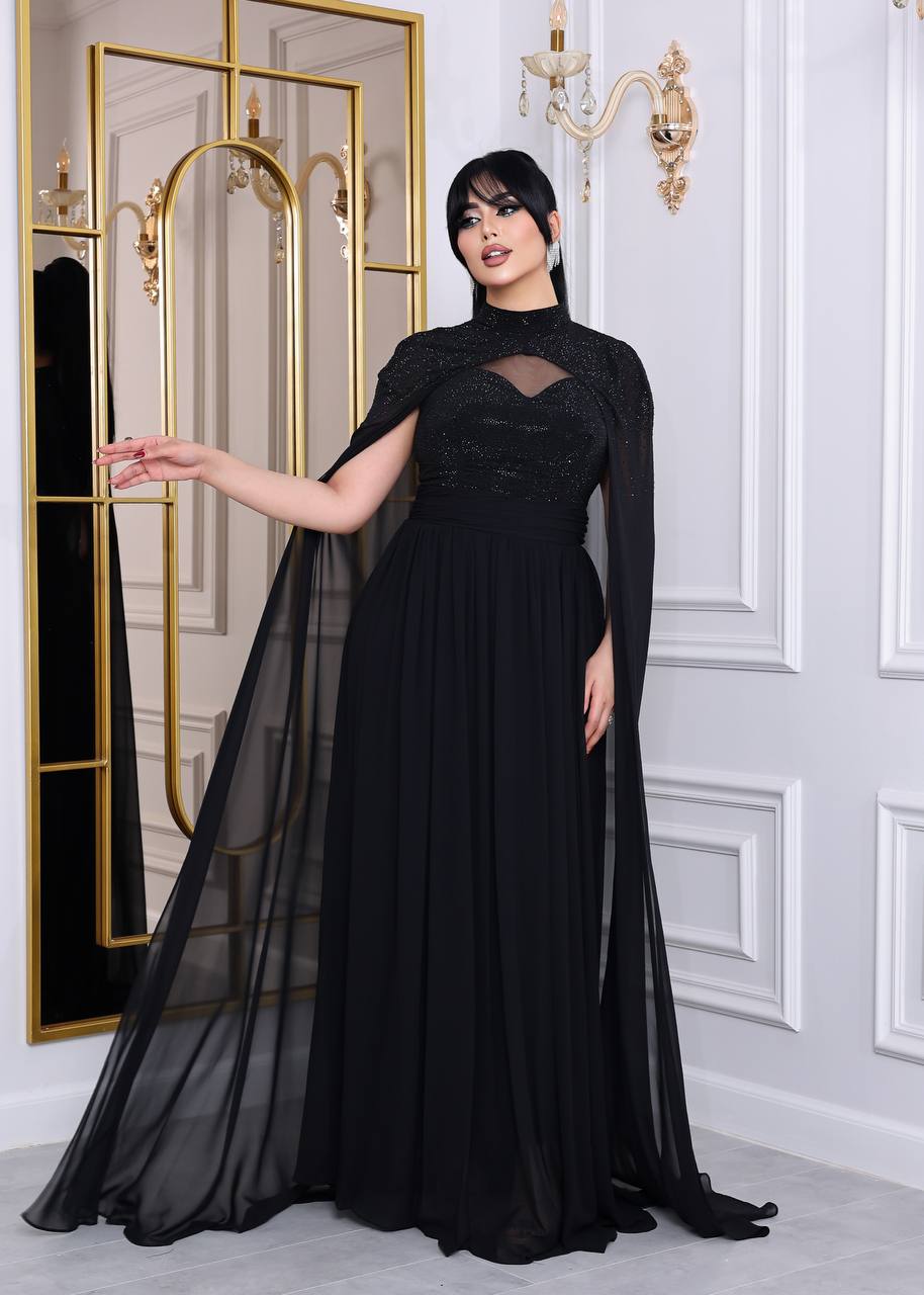 Glamour Embellished Cape Sleeve Evening Gown (📹)