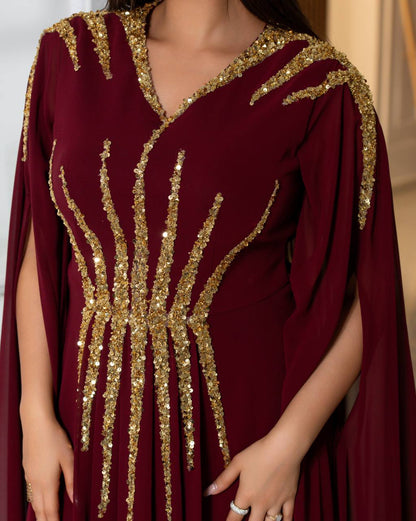 Regal Sequin Embellished Kaftan Gown with Flowing Cape Sleeves (📹)