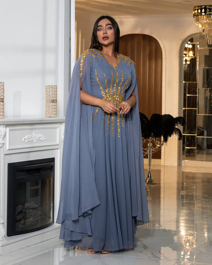 Regal Sequin Embellished Kaftan Gown with Flowing Cape Sleeves (📹)